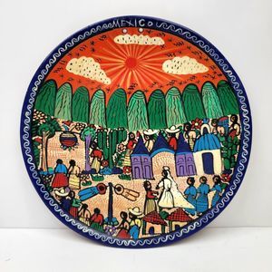 Mexican Folk Art Wedding Story Plate Wall Art Hand Painted Mexico Terracotta 11"